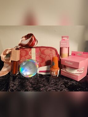 Coach Pink Signature Cosmetic Pouch with Makeup Goodies